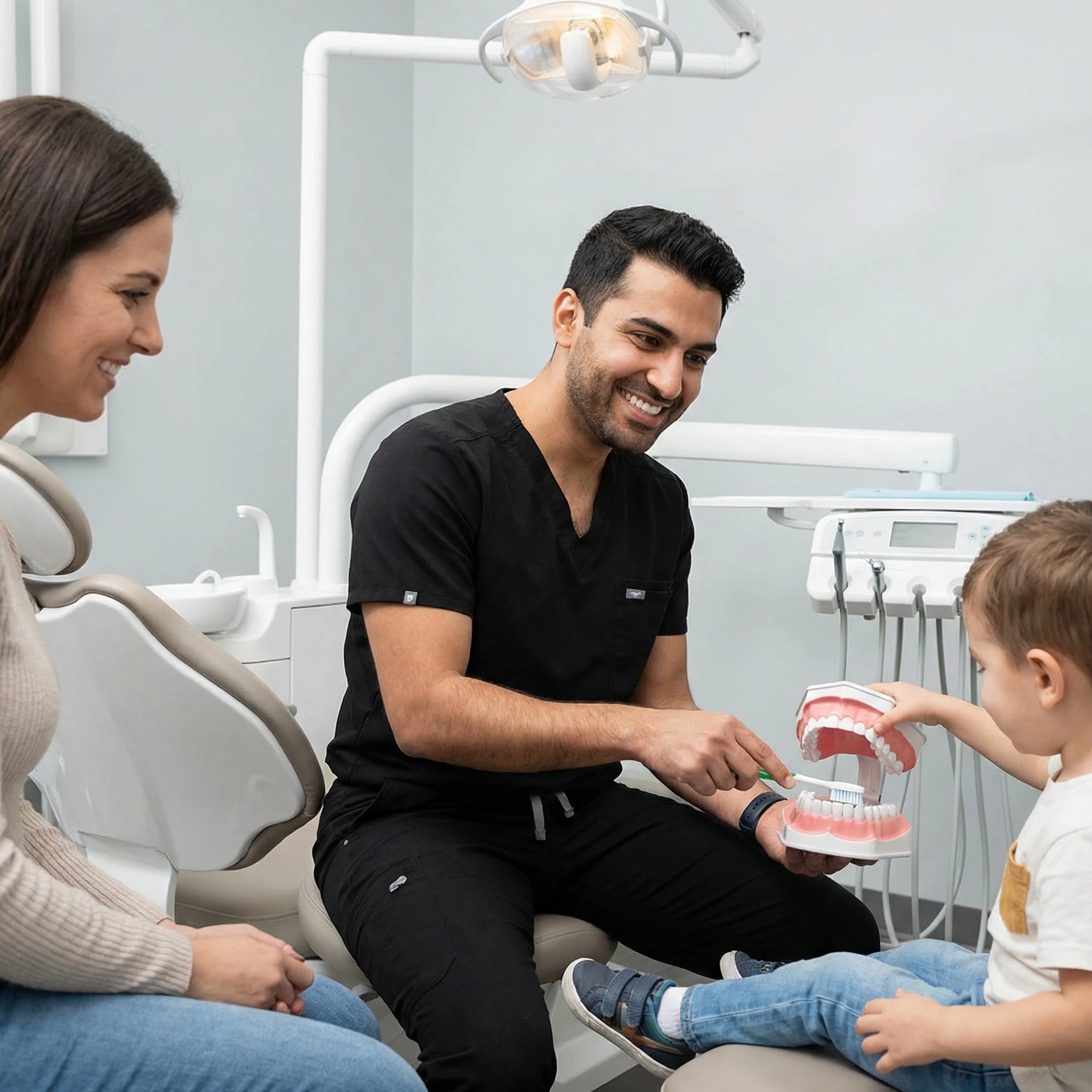 Dentist in black scrubs teaching child proper brushing technique during parent education session at pediatric dental visit Dalton GA