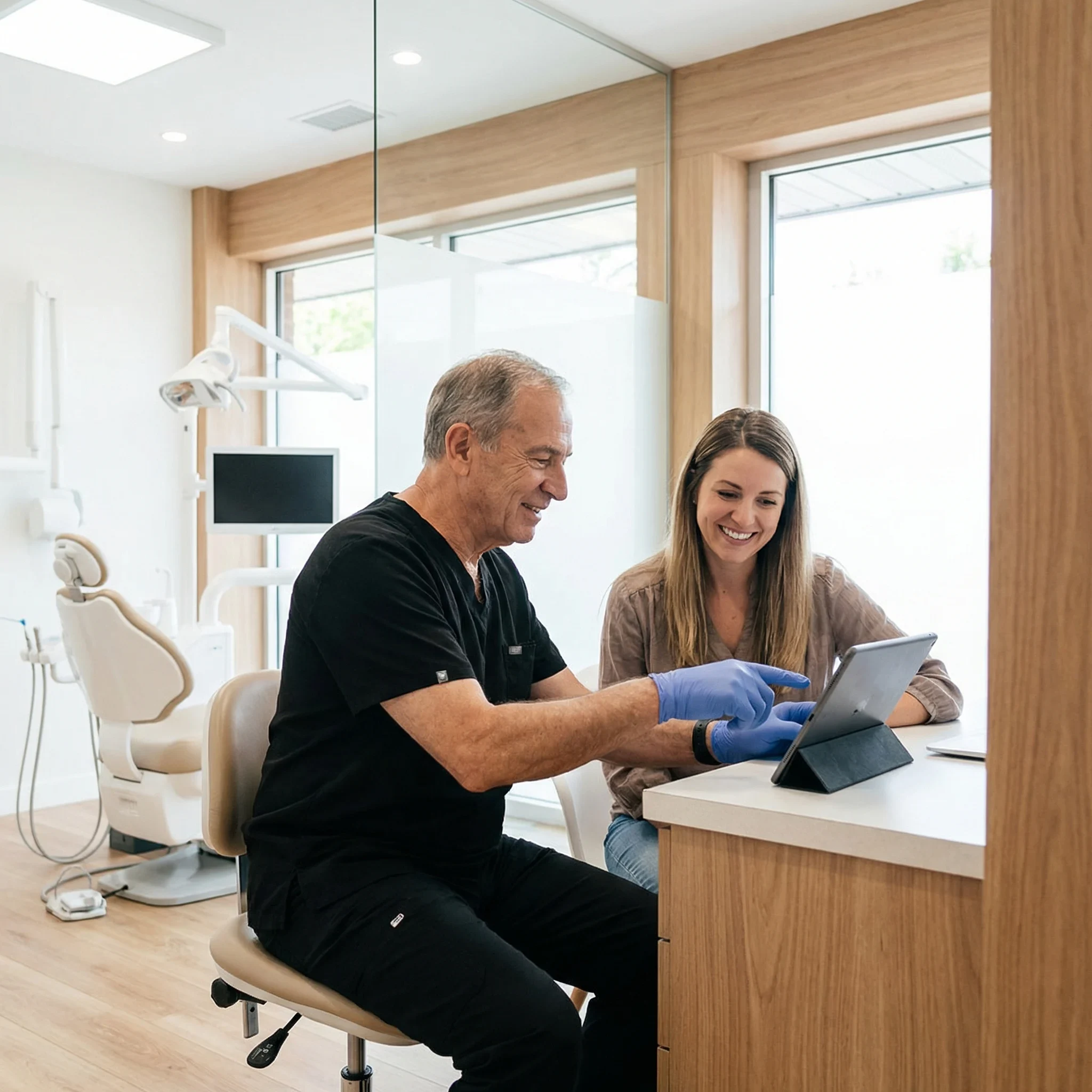 Experienced cosmetic dentist in black scrubs consulting with patient in modern Dalton GA dental office