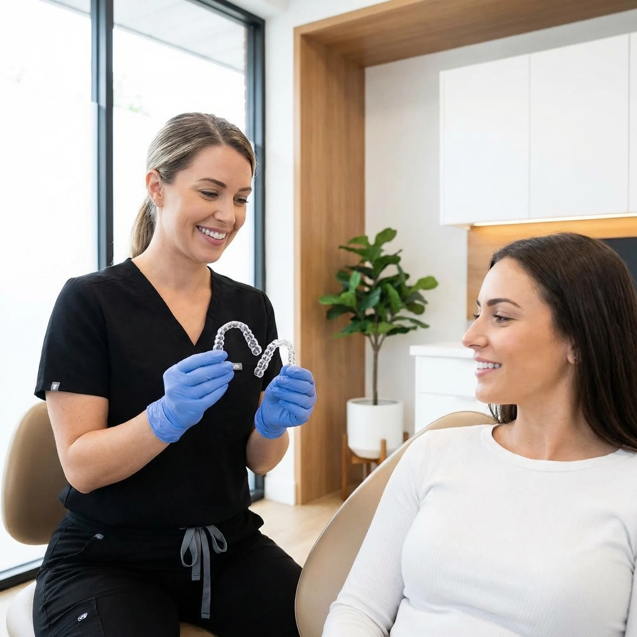 Dentist in black scrubs showing clear aligner trays to patient in Dalton GA dental office