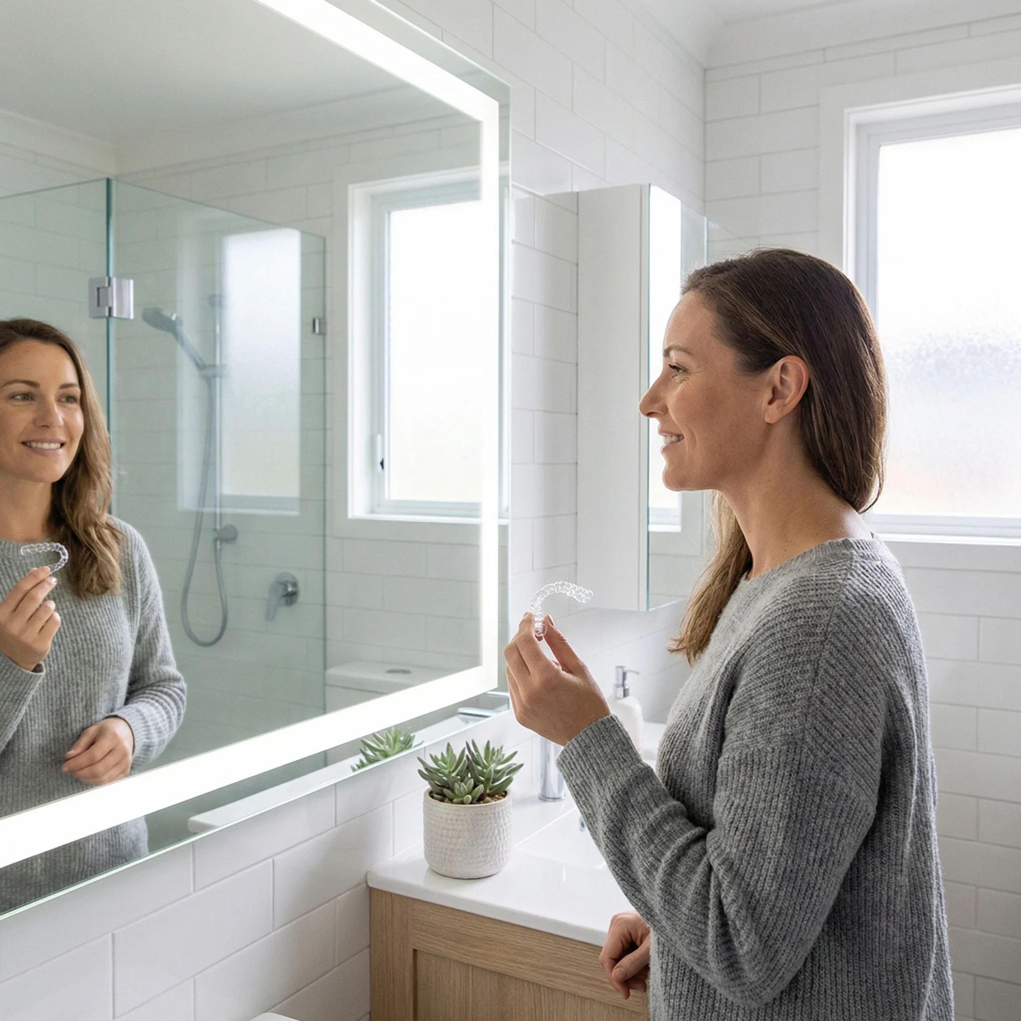 Adult patient examining clear aligner trays in mirror Dalton GA cosmetic dentistry