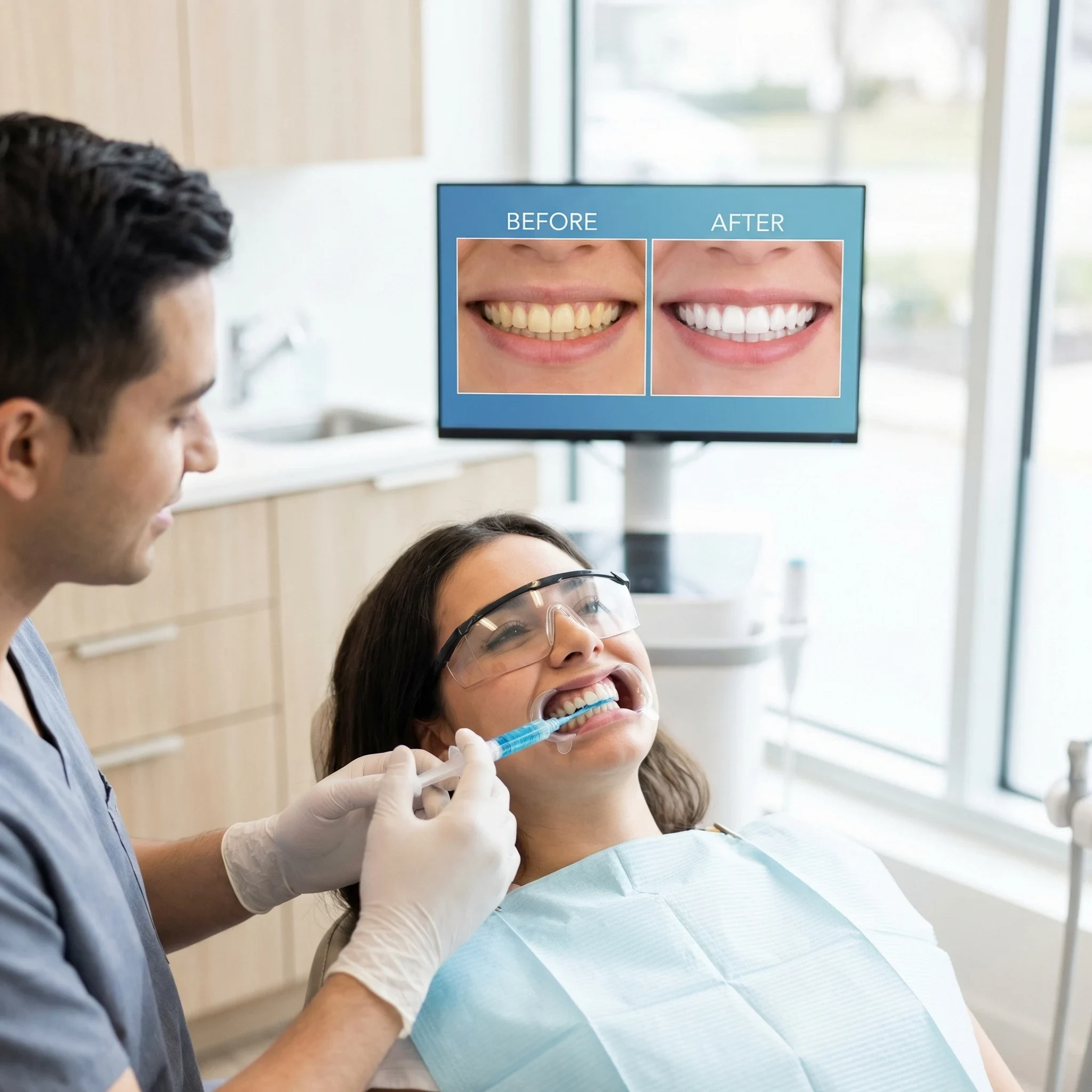 In-office professional teeth whitening procedure with dentist applying whitening gel to patient's teeth
