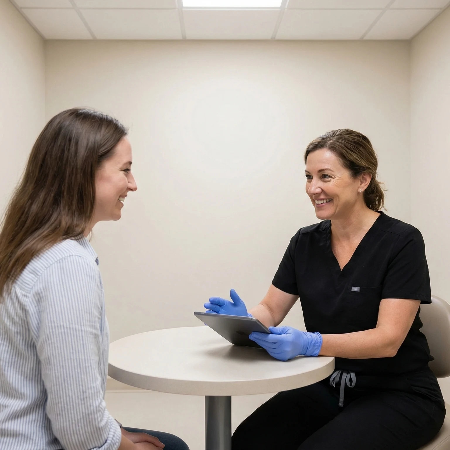 Friendly experienced dentist in black scrubs consulting with patient in modern Dalton GA dental office