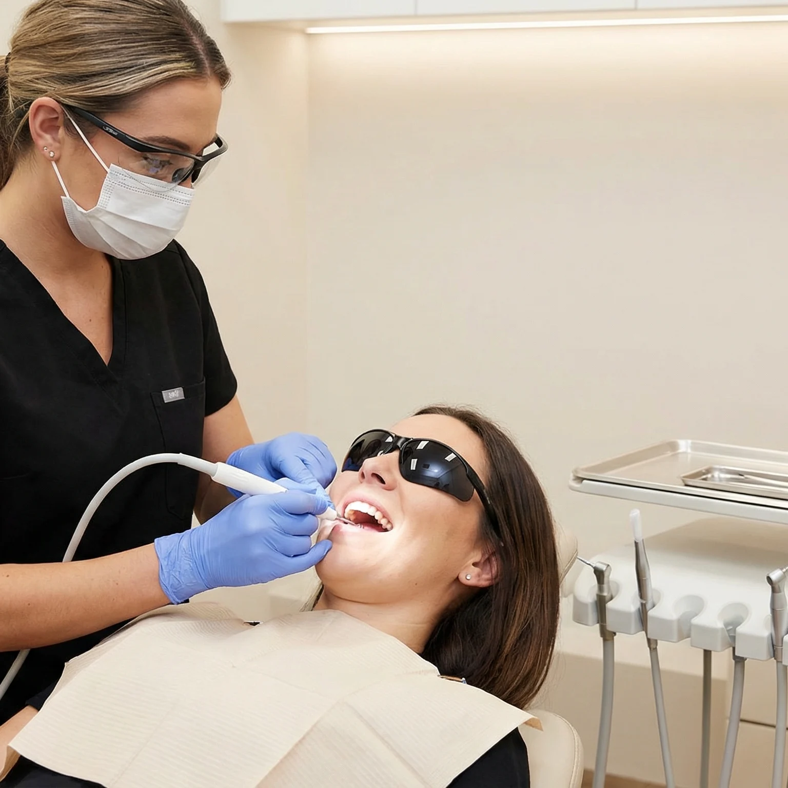 Dental hygienist in black scrubs with latex gloves performing professional teeth cleaning Dalton GA