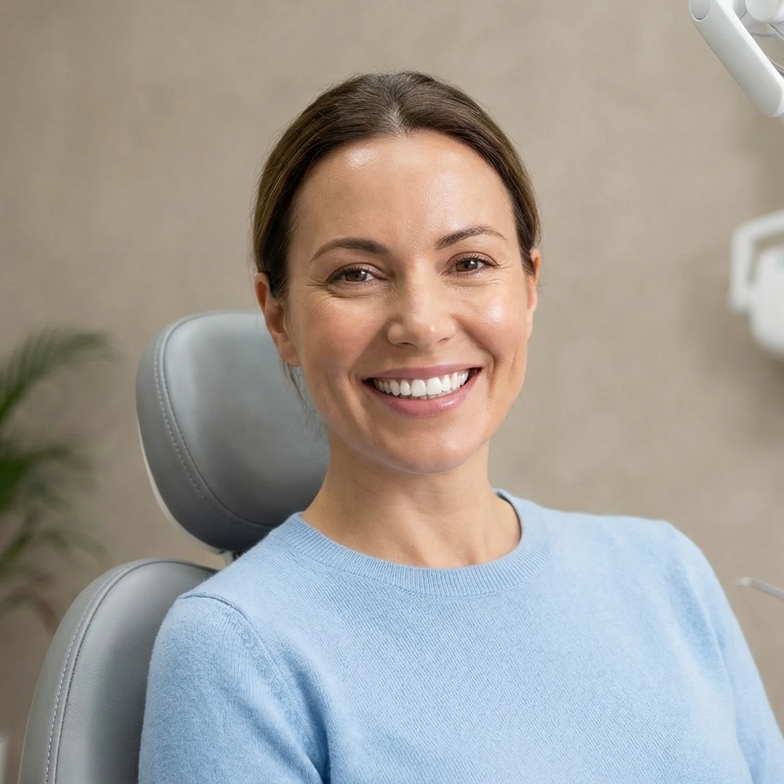 Happy confident patient with bright healthy smile after professional dental cleaning Dalton GA