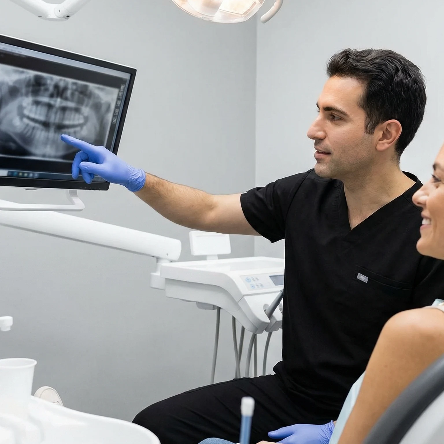 Dentist in black scrubs showing patient digital x-ray on monitor during comprehensive dental exam Dalton GA