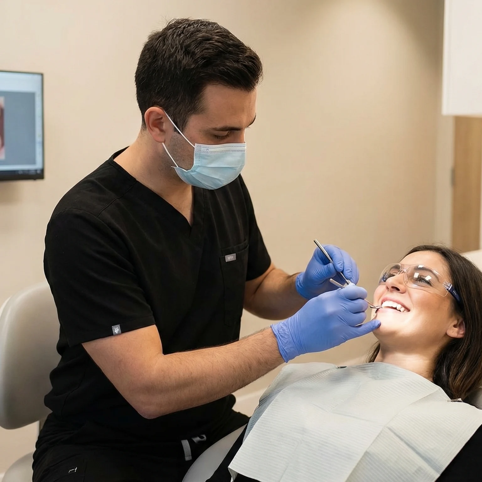 Professional dentist in black scrubs examining patient's tooth for filling treatment in Dalton GA dental office