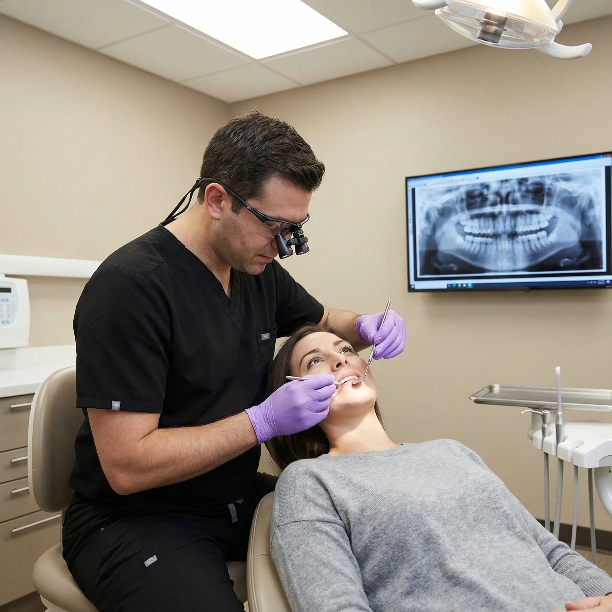 Professional dentist in black scrubs examining patient's tooth for extraction consultation in Dalton GA dental office