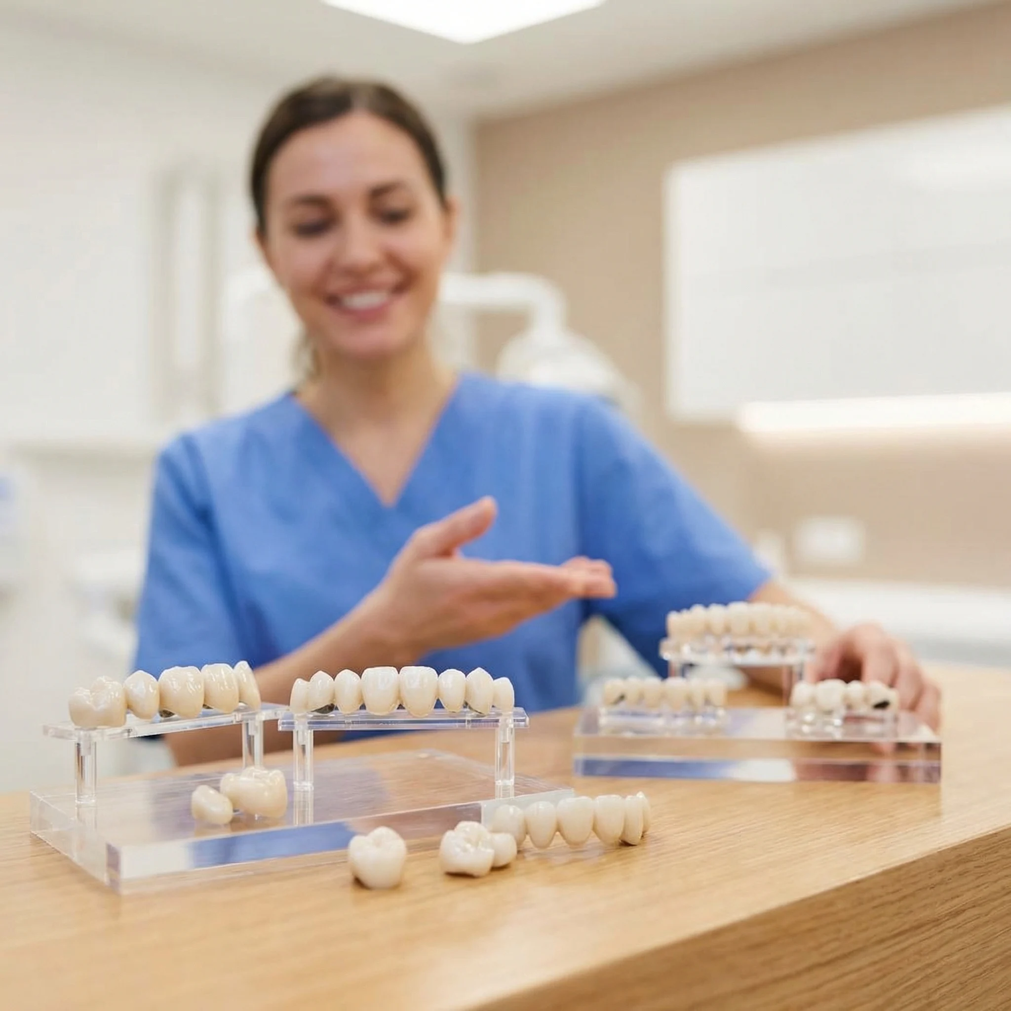 Dental crown and bridge restorations display showing porcelain and zirconia options Dalton GA