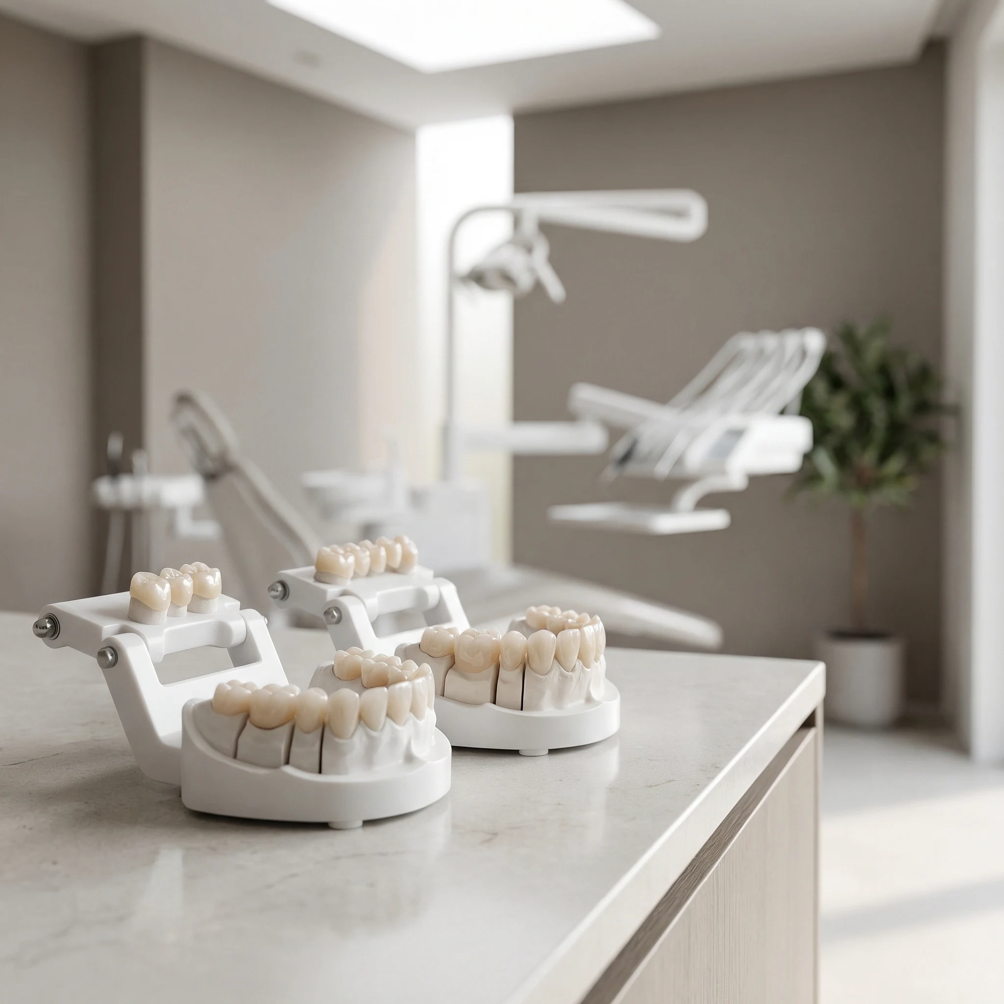 Dental porcelain crowns and bridges display on model showing tooth-colored ceramic restorations Dalton GA