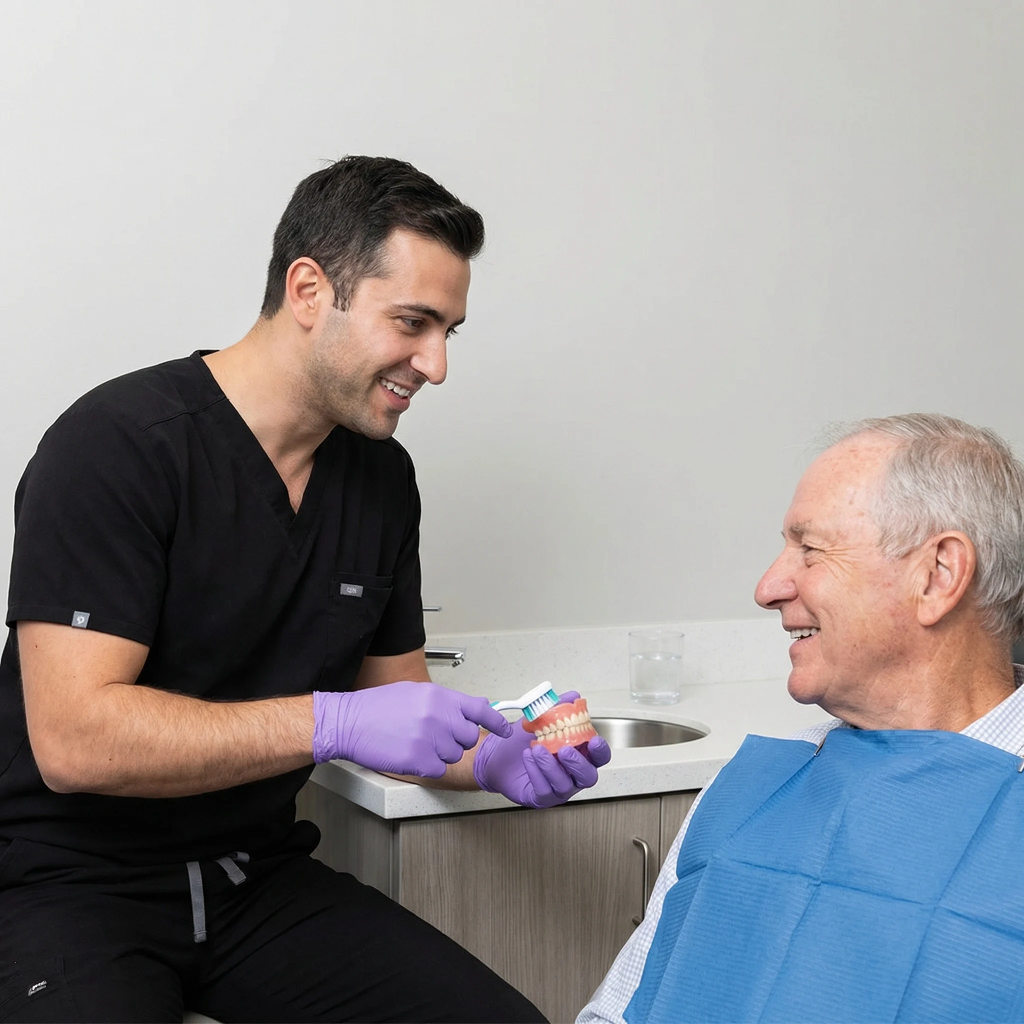 Dentist in black scrubs showing patient proper denture care and cleaning techniques Dalton GA