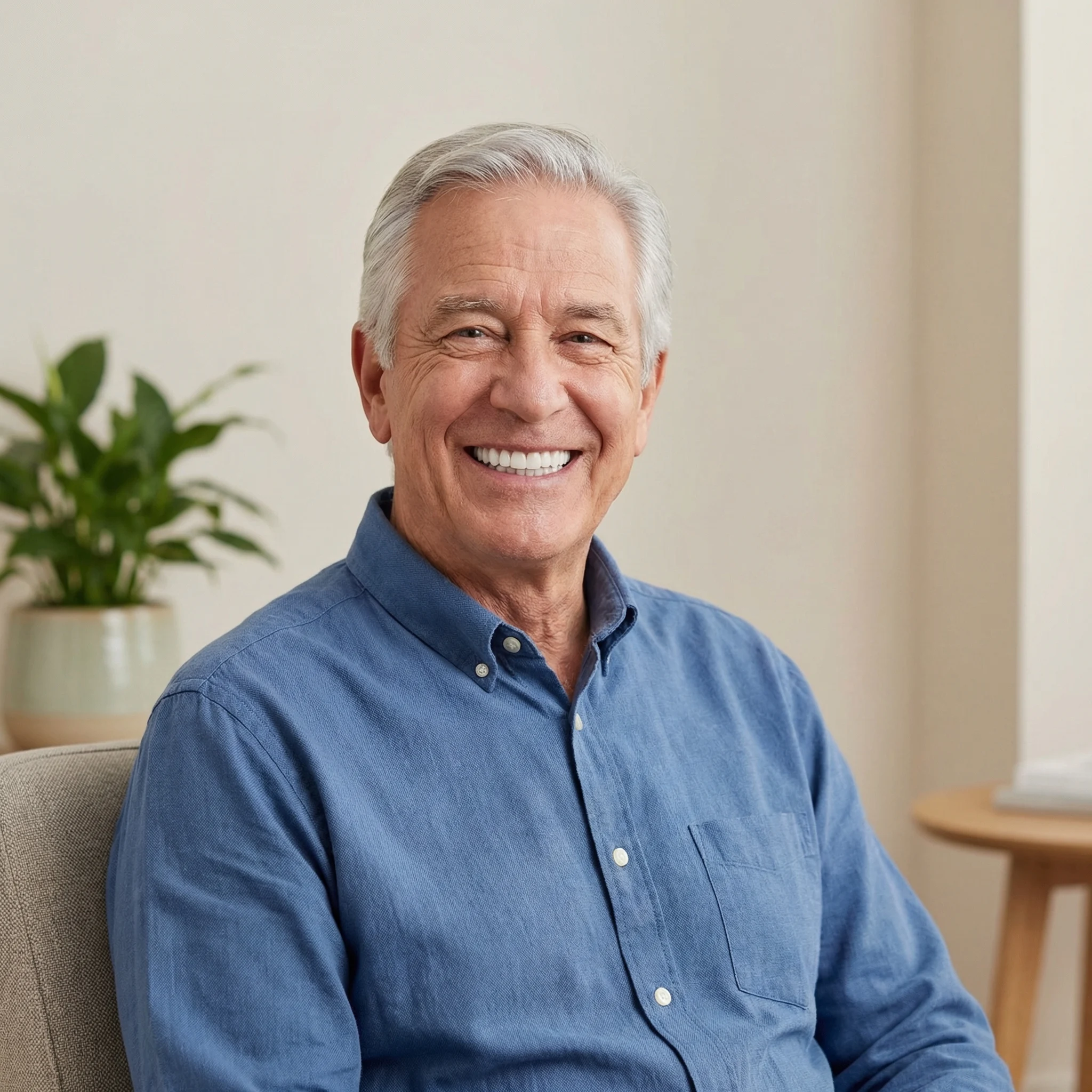 Happy relieved senior patient with bright healthy smile after successful denture treatment Dalton GA