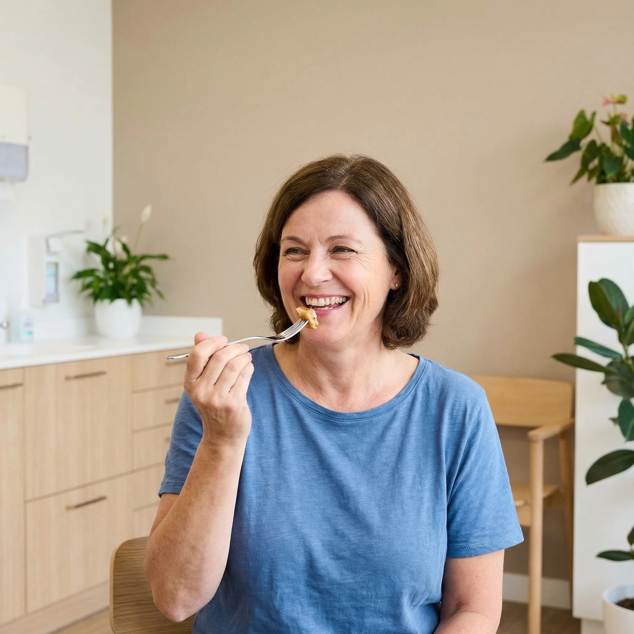 Happy confident patient eating and smiling with dentures showing restored chewing function Dalton GA