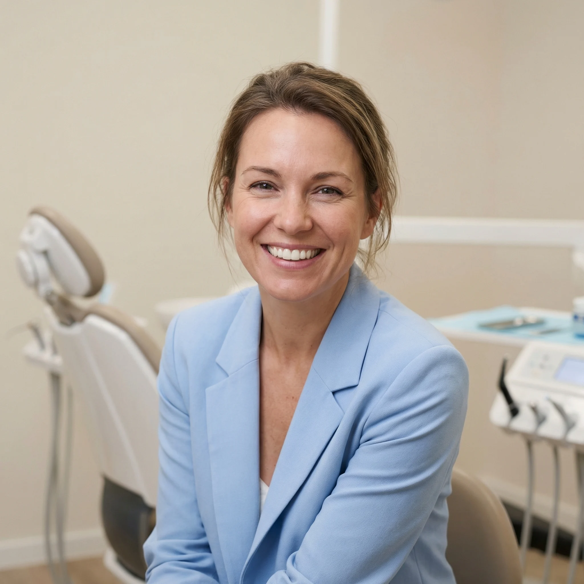 Happy confident patient with bright healthy smile after same-day crown treatment Dalton GA