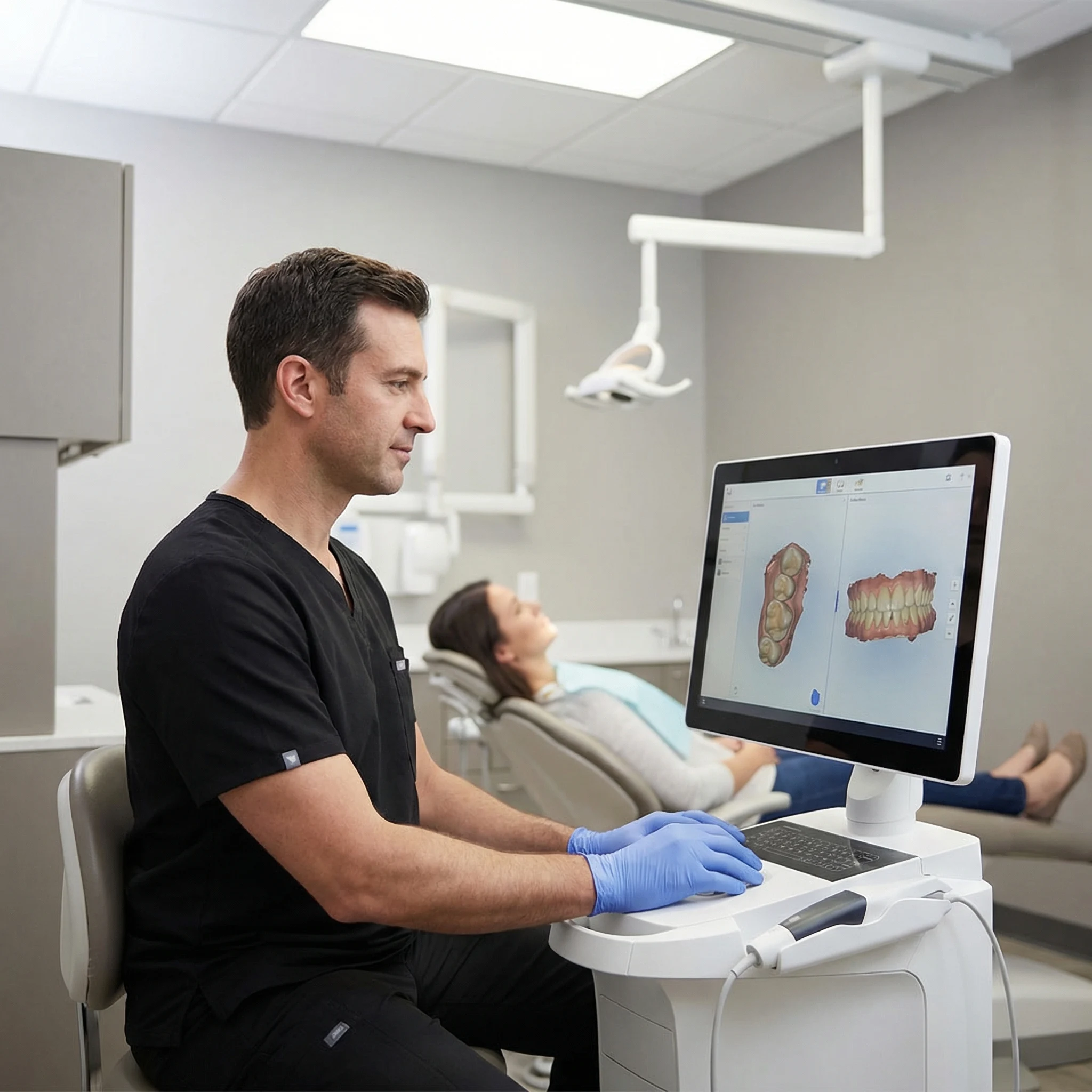 Professional dentist in black scrubs using CEREC machine for same-day crown in Dalton GA dental office